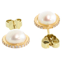 Pearl studs with diamond halos-Earrings-The Antique Ring Shop