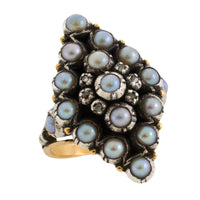 Vintage navette grey pearl and rose diamond ring-Vintage Rings-The Antique Ring Shop