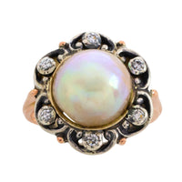 Pearl and single cut diamond ring in silver and gold-Antique rings-The Antique Ring Shop