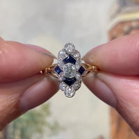 Edwardian sapphire and diamond navette ring