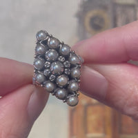 Vintage navette grey pearl and rose diamond ring