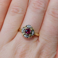 Ruby and diamond cluster ring in 18 carat gold-Vintage Rings-The Antique Ring Shop