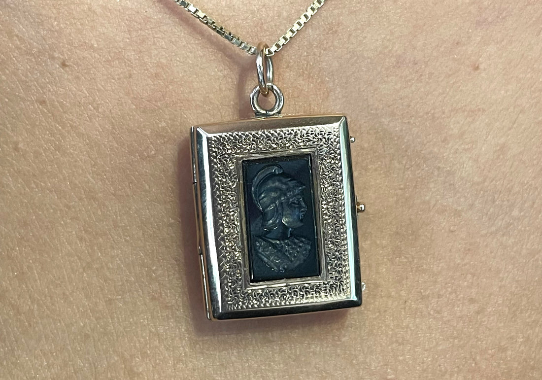 Vintage intaglio photo locket in 14 carat gold-Pendants-The Antique Ring Shop