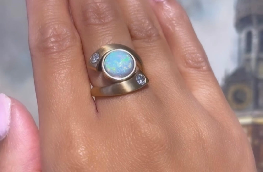 Opal and diamond ring in 14 carat matt gold-Vintage & retro rings-The Antique Ring Shop