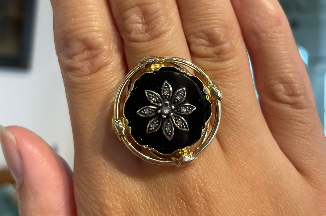 Onyx ring with rose diamonds-Vintage Rings-The Antique Ring Shop