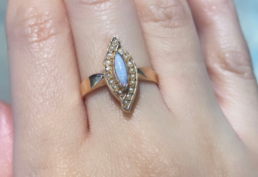 Marquise opal and seed pearl ring in 14 carat gold-Antique rings-The Antique Ring Shop