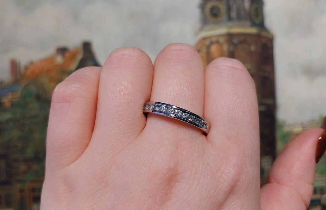 Platinum band with diamonds-engagement rings-The Antique Ring Shop