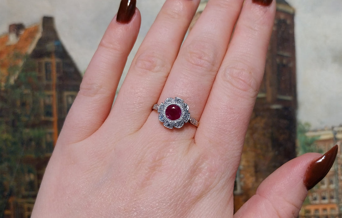 Vintage ruby and diamond ring in platinum and gold-engagement rings-The Antique Ring Shop