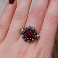 Rhodolite garnet and diamond cluster ring in silver and gold-vintage rings-The Antique Ring Shop