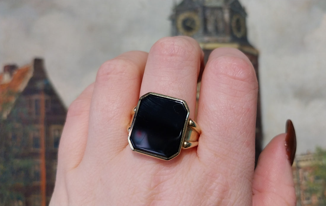 Vintage Dutch gold signet ring with onyx-The Antique Ring Shop