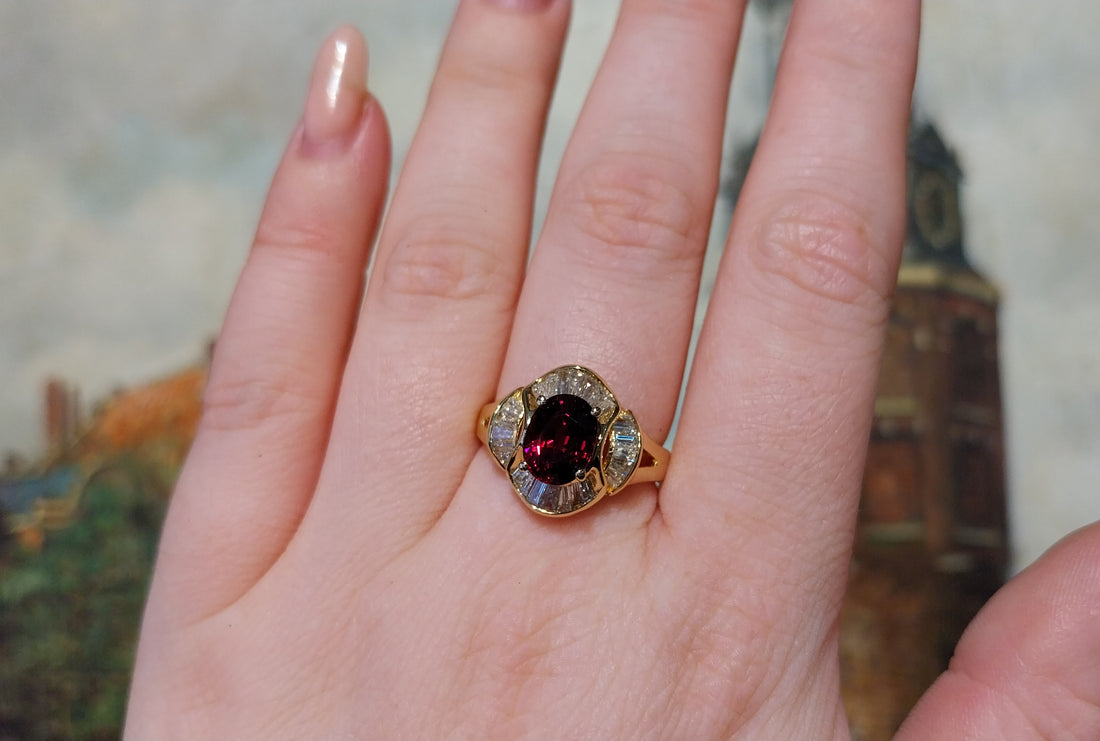 Baguette cut diamond ring with garnet-Vintage Rings-The Antique Ring Shop