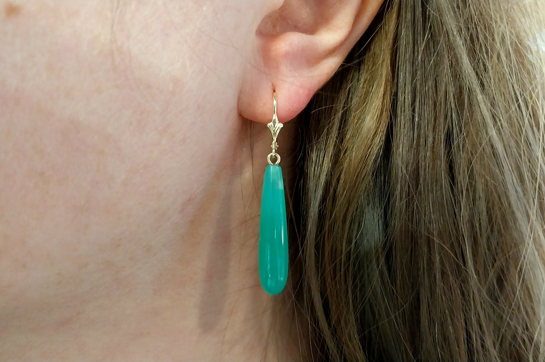 Chrysoprase pendant earrings in 14 carat gold-Earrings-The Antique Ring Shop