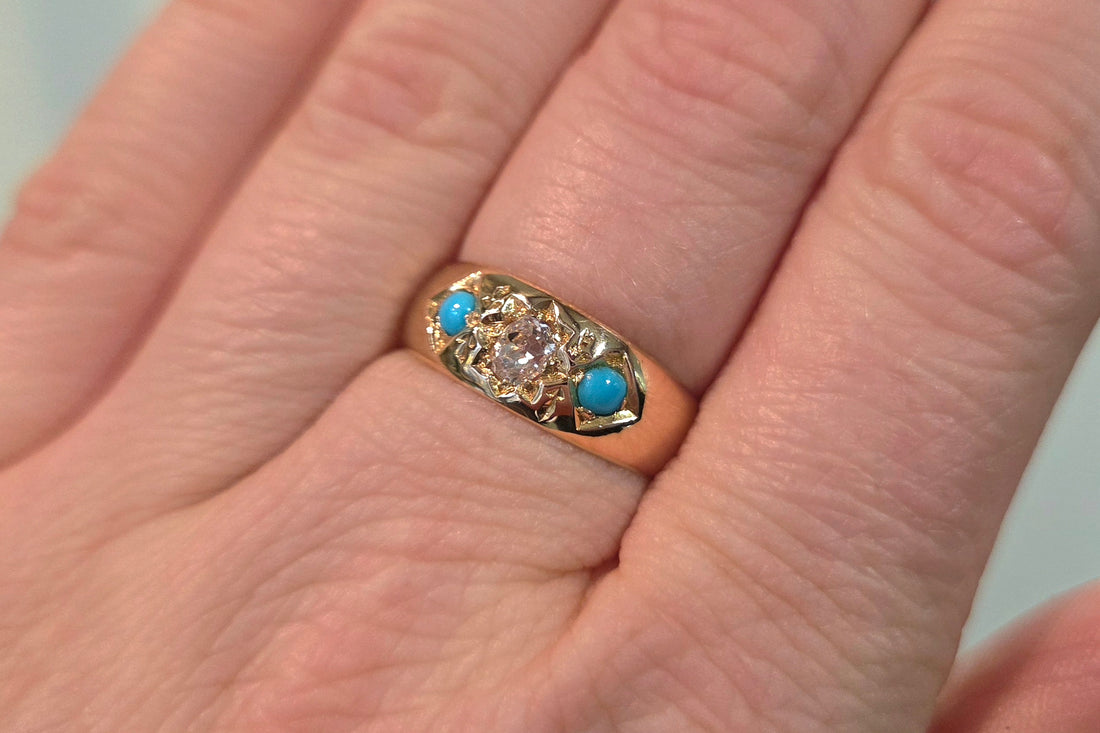 Victorian old cut diamond and turquoise gypsy ring