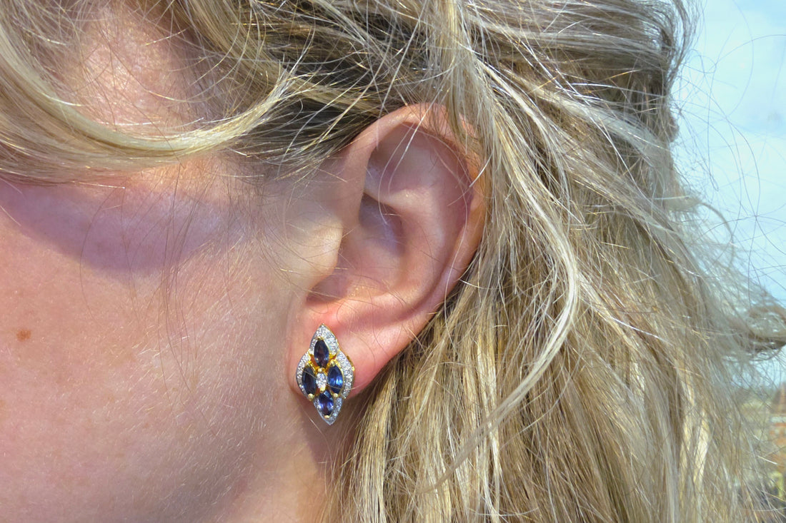 Sapphire and diamond marquise stud earrings in 18 carat gold