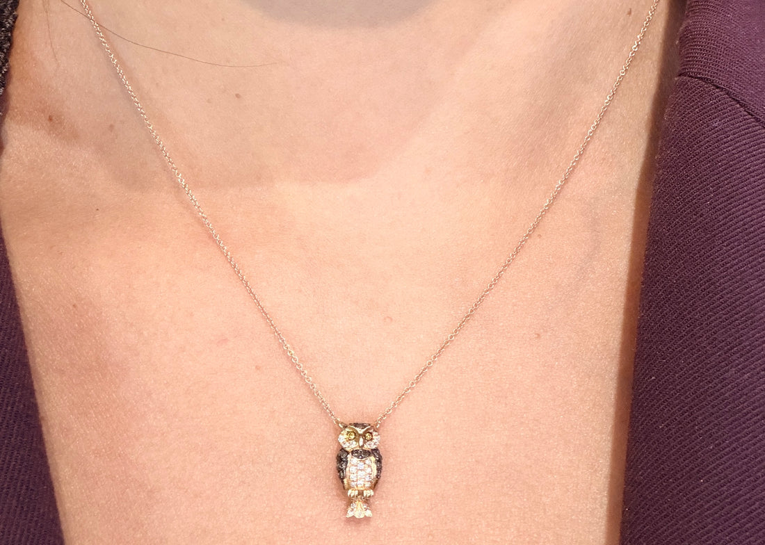 Diamond owl pendant in 18 carat rose gold-Pendants-The Antique Ring Shop