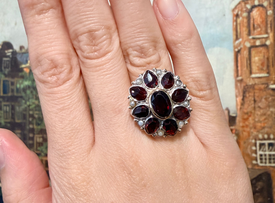 Vintage garnet and pearl ring in 14 carat gold and silver-Vintage Rings-The Antique Ring Shop