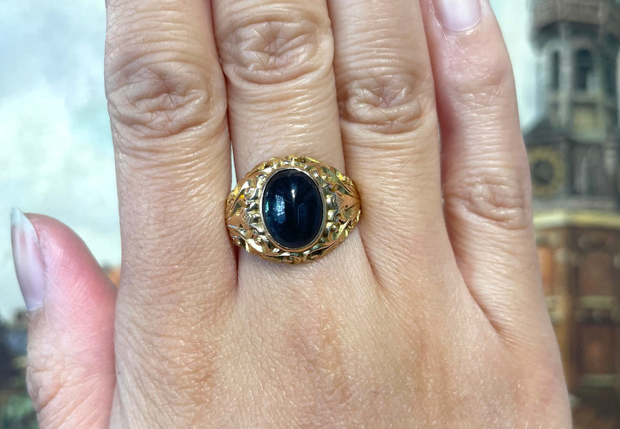 Vintage cabochon sapphire ring in 14 carat gold-gents rings-The Antique Ring Shop