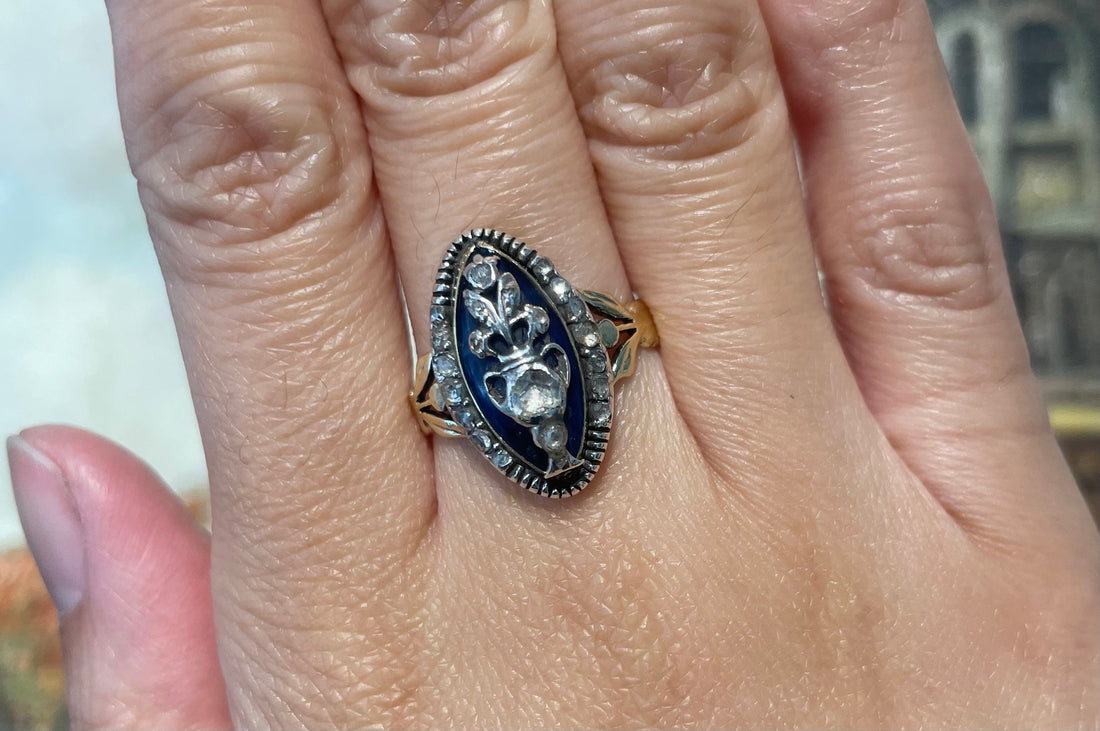 Rose diamond cobolt glass ring in gold and silver-Antique rings-The Antique Ring Shop