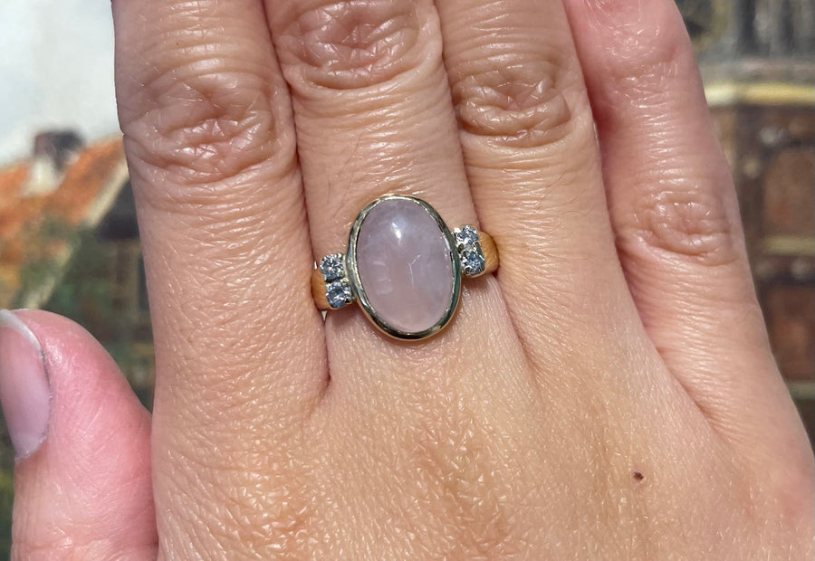 Rose quartz and diamond ring-Vintage Rings-The Antique Ring Shop