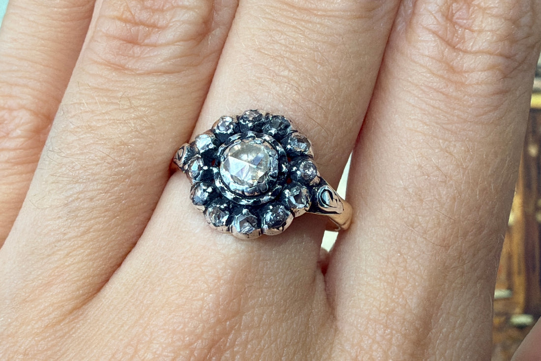 Rose diamond cluster ring in silver and gold-Antique rings-The Antique Ring Shop