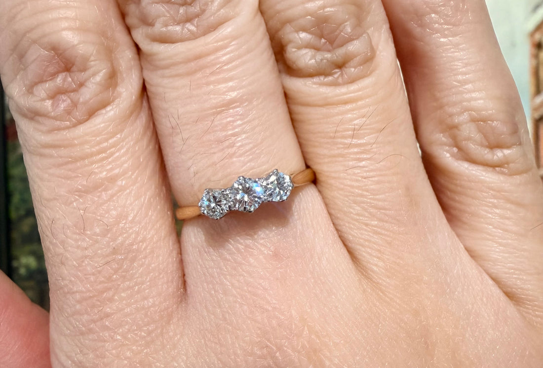 Vintage three stone brilliant cut diamond ring-engagement rings-The Antique Ring Shop