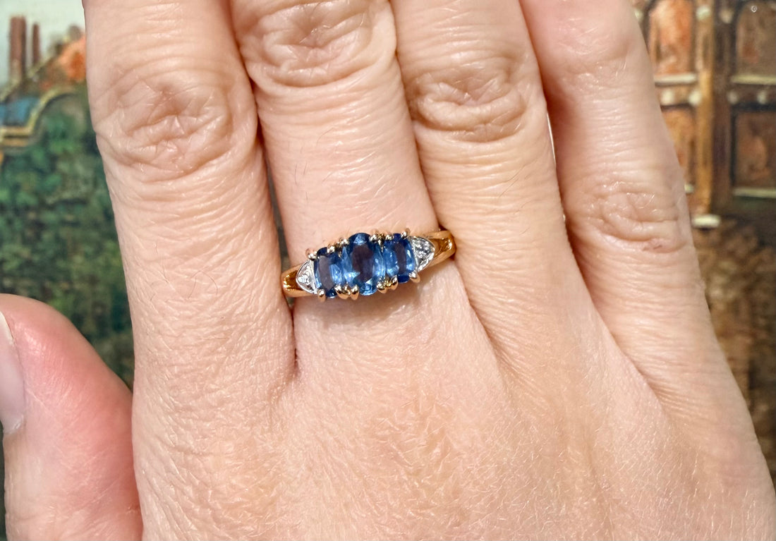 Three stone sapphire ring in 14 carat gold-Vintage Rings-The Antique Ring Shop