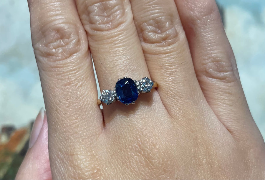 Sapphire and diamond three stone ring-engagement rings-The Antique Ring Shop