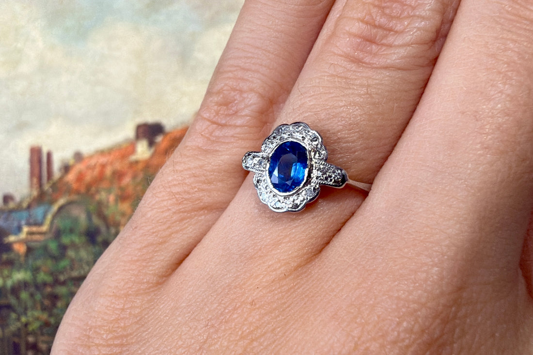 Sapphire and diamond ring in platinum and gold-Antique rings-The Antique Ring Shop