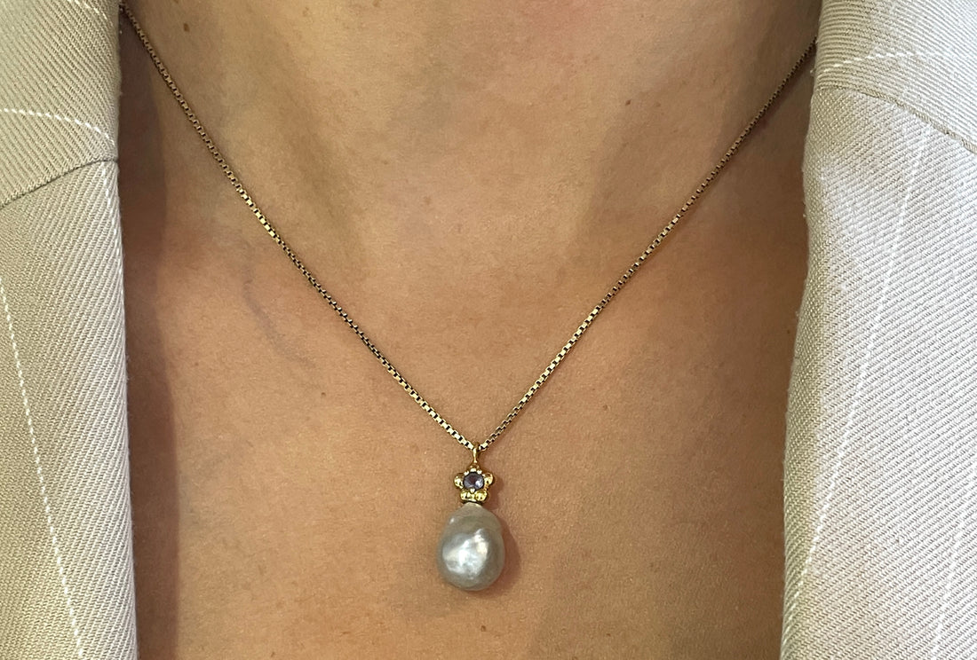 Baroque grey pearl and iolite pendant-Pendants-The Antique Ring Shop