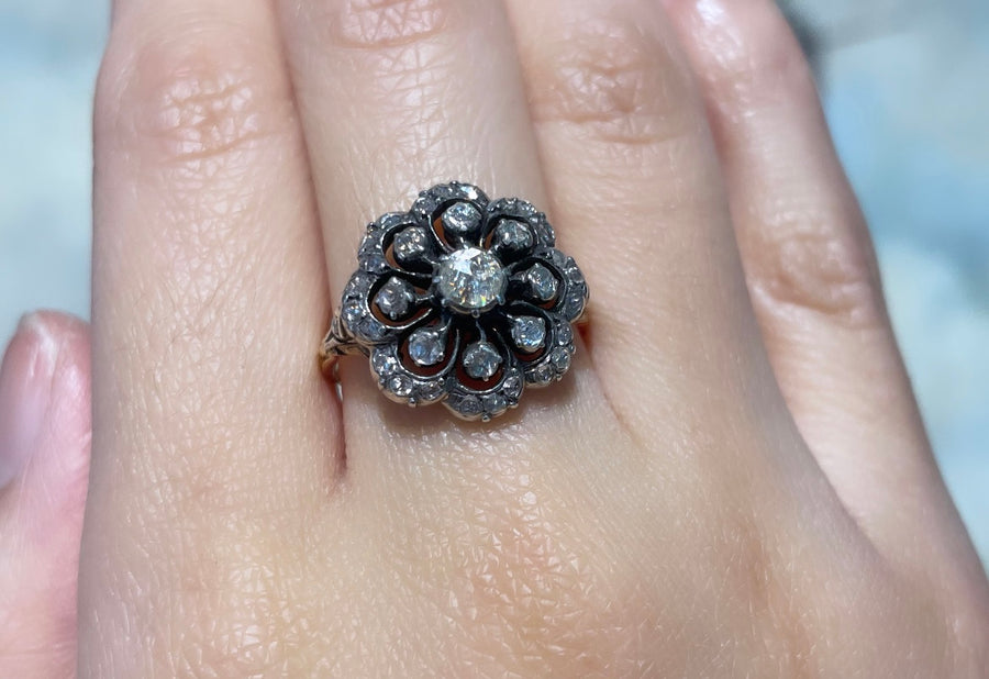 Vintage rose diamond cluster ring in silver and gold-Vintage Rings-The Antique Ring Shop