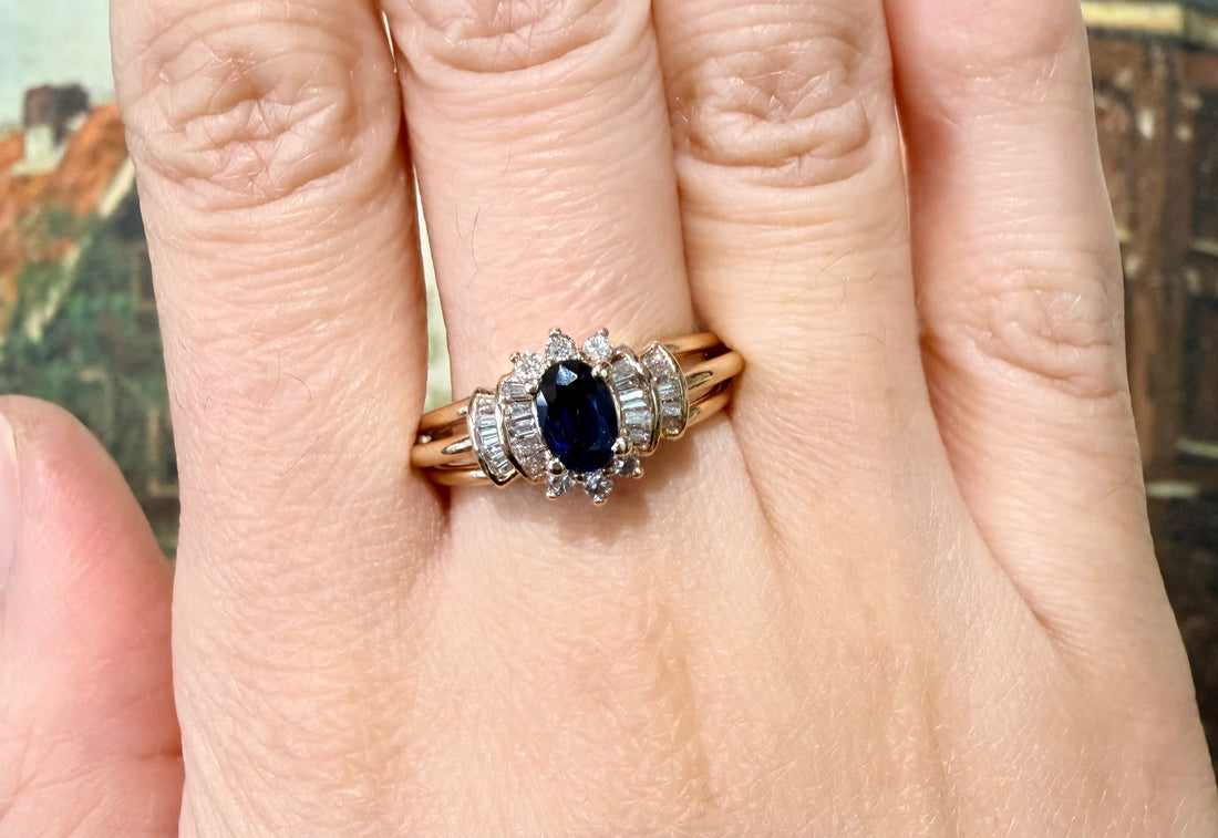 Sapphire and diamond ring in 14 carat gold-Vintage Rings-The Antique Ring Shop