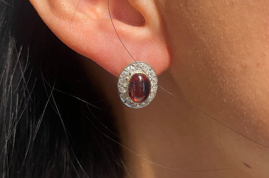 Garnet & Diamond Gold Studs-Earrings-The Antique Ring Shop