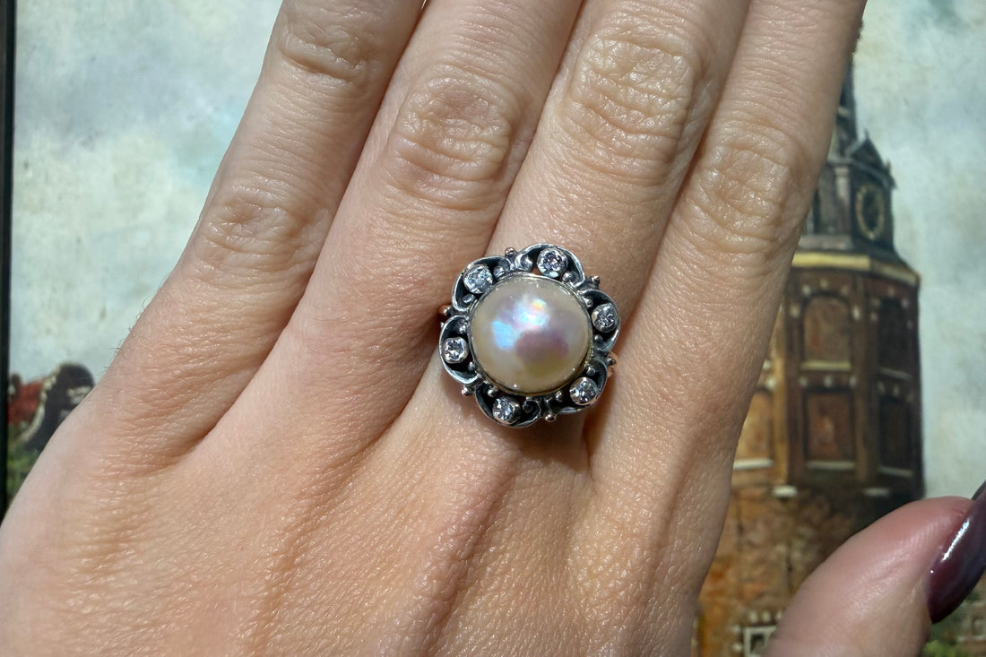 Pearl and single cut diamond ring in silver and gold-Antique rings-The Antique Ring Shop