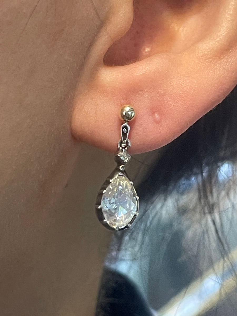 Rose diamond drop earrings in silver and gold-Earrings-The Antique Ring Shop