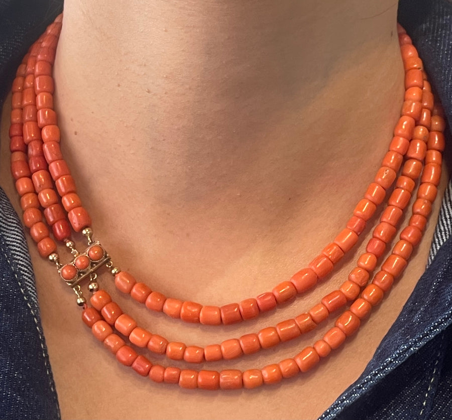 Three strand coral collier with 14 carat gold clasp-Necklaces-The Antique Ring Shop