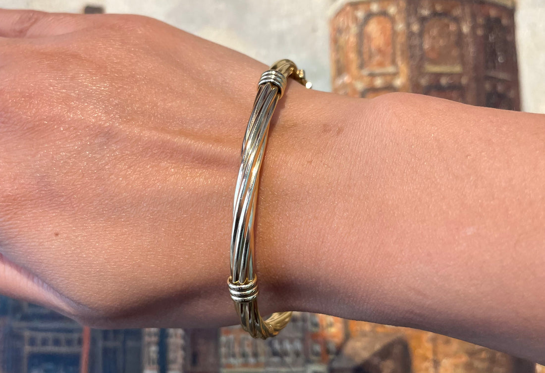 Vintage rope pattern hinged bracelet in 14 carat gold-Bracelets-The Antique Ring Shop