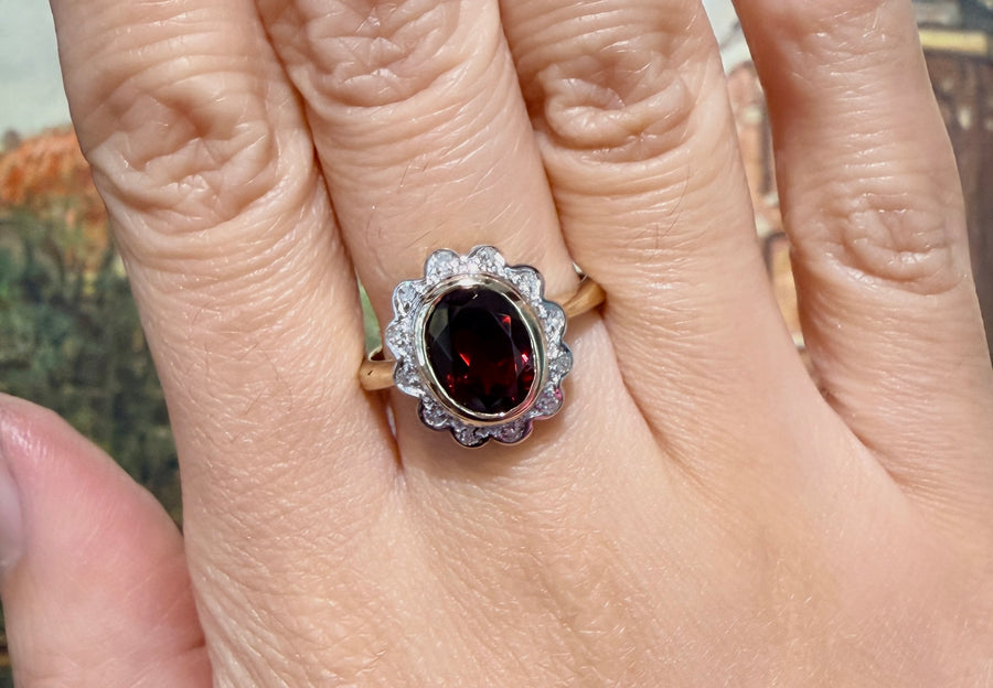 Garnets and diamond ring in 14 carat gold-engagement rings-The Antique Ring Shop