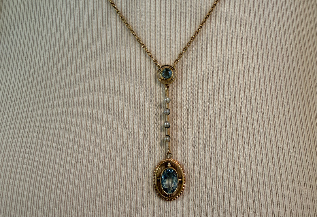Vintage aquamarine and pearl collier-Pendants-The Antique Ring Shop