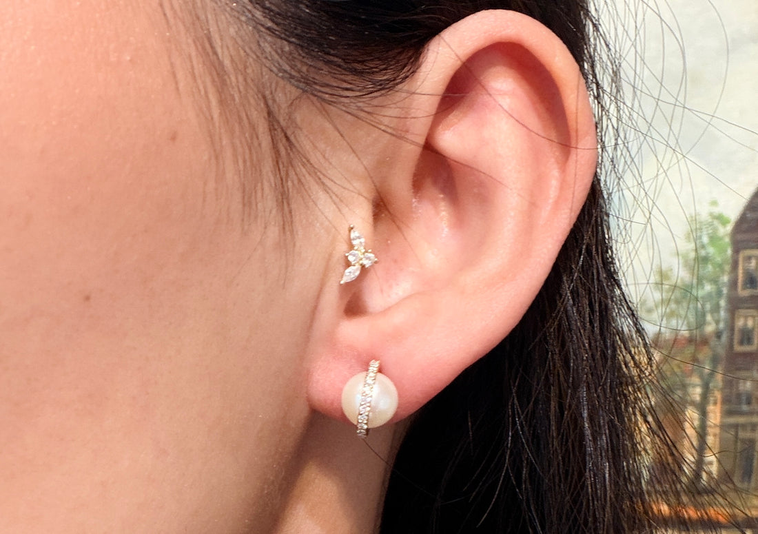 Pearl studs with diamond halos-Earrings-The Antique Ring Shop