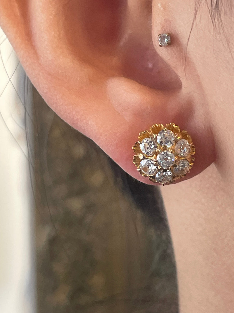 Old cut diamond cluster ear studs-Earrings-The Antique Ring Shop