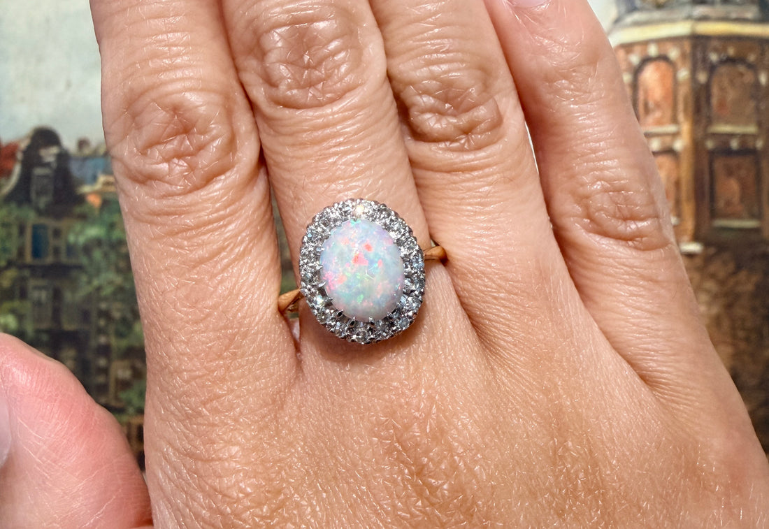 Vintage opal and diamond cluster ring-Vintage Rings-The Antique Ring Shop