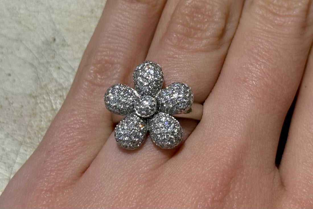 White gold flower ring with diamonds-Vintage Rings-The Antique Ring Shop
