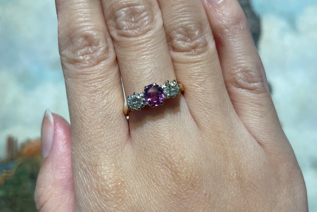 Pink sapphire and diamond three stone ring-engagement rings-The Antique Ring Shop