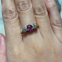 Pink sapphire and diamond three stone ring-engagement rings-The Antique Ring Shop