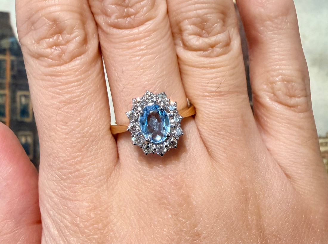 Aquamarine and diamond ring in 18 carat gold-engagement rings-The Antique Ring Shop