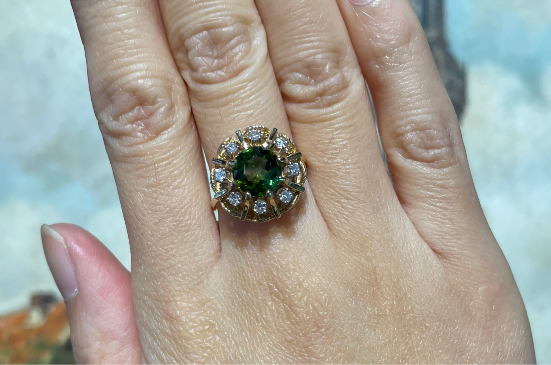 Tourmaline and diamond cluster ring-Vintage Rings-The Antique Ring Shop