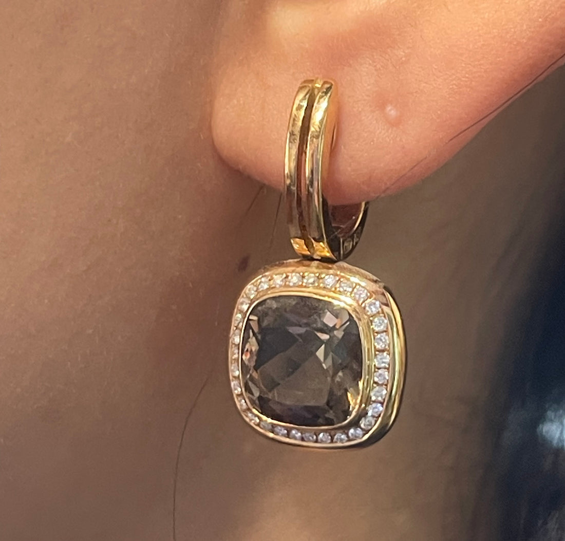 Smoked quartz pendant earrings with diamonds-Earrings-The Antique Ring Shop