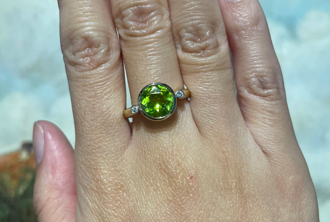 Peridot and diamond ring in 14 carat gold-Vintage Rings-The Antique Ring Shop