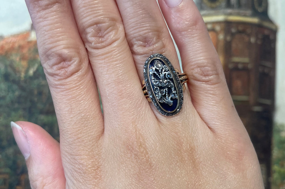 Rose diamond cobolt glass ring in gold and silver-Antique rings-The Antique Ring Shop