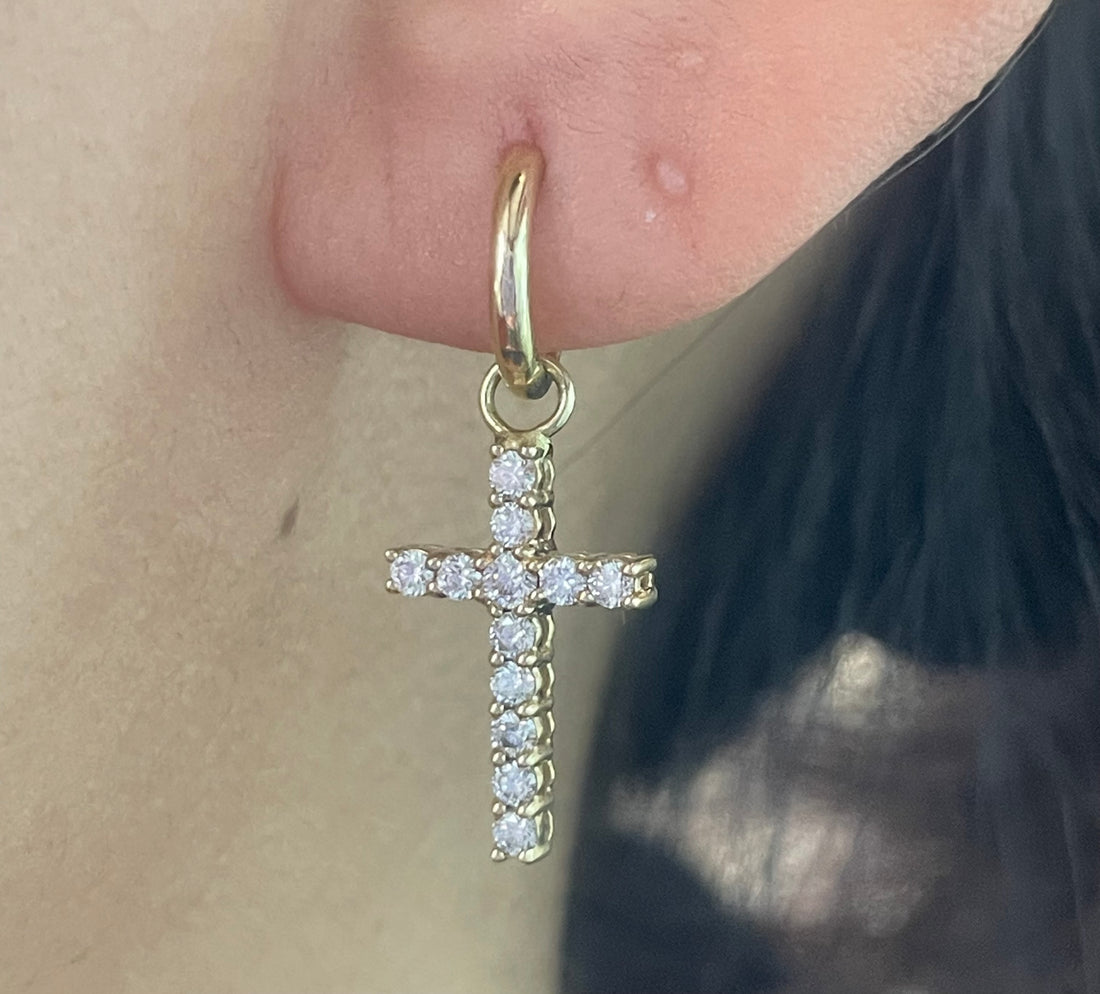Diamond cross earrings in 14 carat gold-Earrings-The Antique Ring Shop